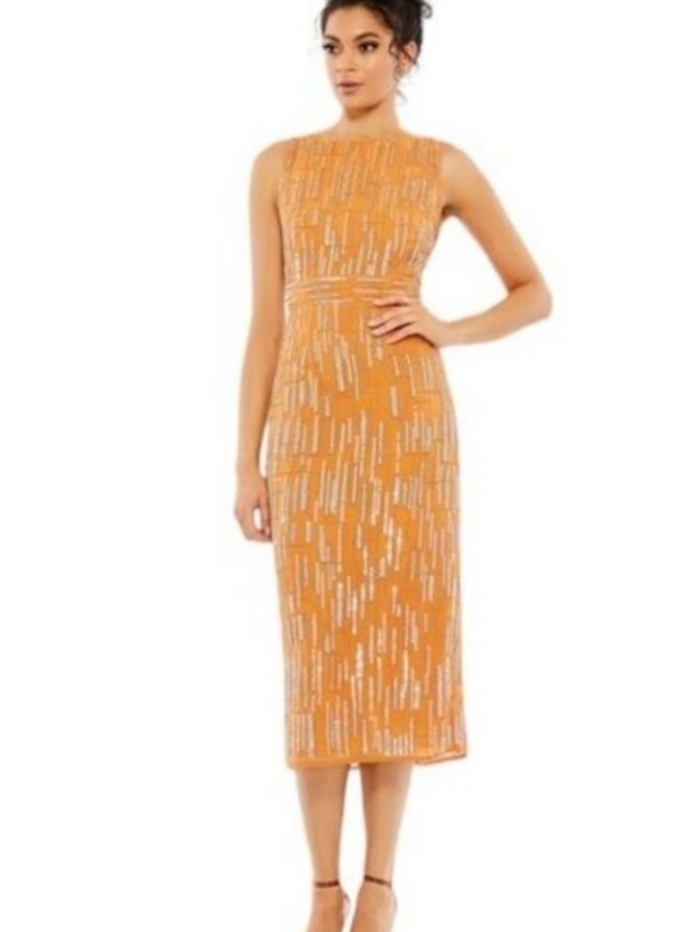 Mac Duggal Sequins Midi Saffron Sheath Evening Beaded Dress Size 4 New